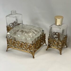 Vintage Gold Filigree Vanity Set, Empty Perfume Bottle,
